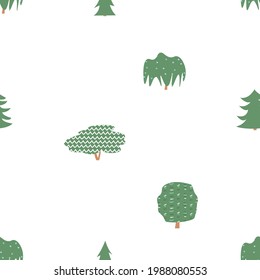 Green trees seamless pattern. Vector larch, willow, alder, maple, oak illustration on white background