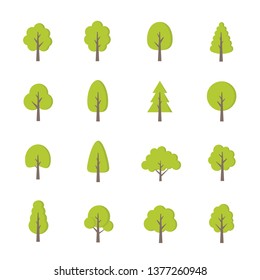 Green Trees Set. Flat Style. Flat Forest Tree Icon - Stock Vector.