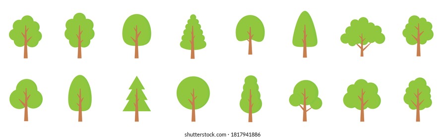 Green Trees Set. Flat Style. Flat Forest Tree Icon - Stock Vector.