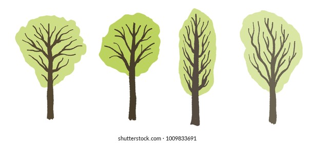 Green trees set - quirky tree drawing vector illustration.