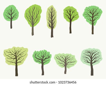 Green trees set - quirky tree drawing vector illustration.