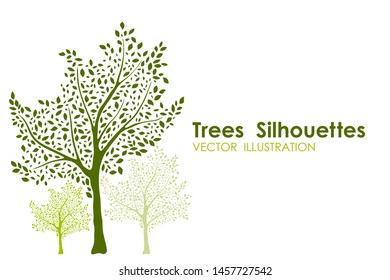 Green trees silhouettes vector eco friendly graphic design. Abstract illustration of yellow green trees isolated on white. Text place. Eco banner template with garden or forest tree elements. 