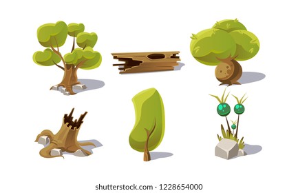 Green trees, stumps, fantastic plant, user interface assets for mobile apps or video games vector Illustration on a white background