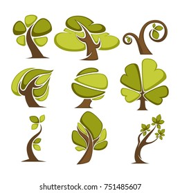 Green trees and tree leaf icons or logo templates.