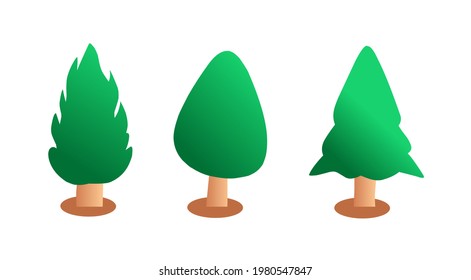 Green trees in various shapes.  Illustrations for nature, trees, environment, reforestation.  Minimalist flat design vector eps 10.