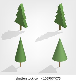 Green trees of various shapes isolated on white background. Elements for the design of the park, forest and garden. Flat 3D isometric style, vector illustration.