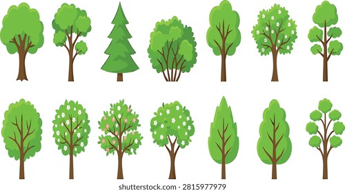 Green trees vector collection with flat cartoon plants blooming spring blossoms pine and summer forest foliage elements.