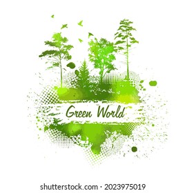 árboles verdes. mundo verde. Paisaje abstracto. Perros de color. Medio mixto, ilustración vectorial