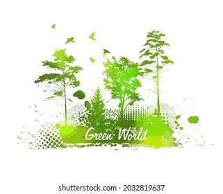 green trees. green World . Abstract landscape. Colored blots. Mixed media, Vector illustration