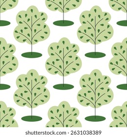 Green trees with young leaves seamless pattern. Background with simple single trees. Deciduous forest print, vector graphics