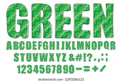 Green trendy alphabet. Hand drawn doodle font with green wavy pattern. Modern Uppercase letters, numbers and punctuation marks. For poster, banner, T shirt. Vector illustration