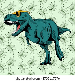 Green T-rex dinosaur with tropical leaves pattern