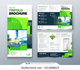 Green Tri Fold Brochure Design with Square Shapes. Corporate business template for tri fold flyer. Creative concept folded flyer or brochure.