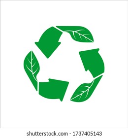 Green triangle arrows recycle with leaves vector illustration of isolated eco symbols on a white background. Recycling sign. Recycled material symbol. Recycle icon.