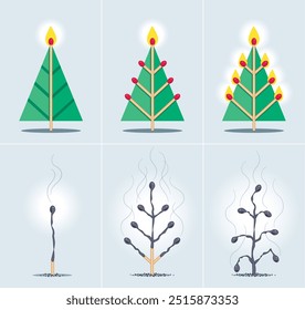 Árvores de Natal Triângulo Verde feitas com Red Headed Matches e Yellow Flames além de cinzas queimadas 