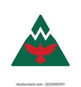 Green triangle with mountain peaks a red bird against a vector