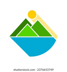 Green triangle mountain with sun and blue water river lake abstract icon flat vector design