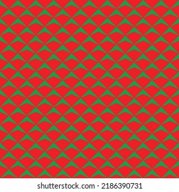 Green Triangle Pattern On Red Background. Colorful Modern Backdrop Design. Up And Down Arrow Pattern On Red Background.