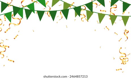 green triangle pennants chain, gold confetti and ribbon background party decoration, congratulation