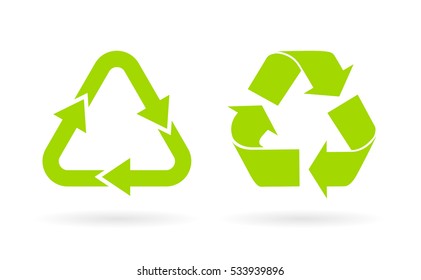 Green triangle recycled vector icon illustration isolated on white background. Recycled cycle sign. Green recycle vector symbol. Think green concept.