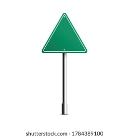Green triangle road sign template with blank copy space isolated on white background. Metal pole with road safety signal - realistic vector illustration.