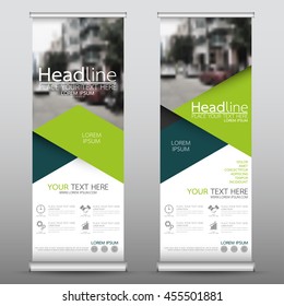 Green triangle roll up business banner design vertical template vector, cover presentation abstract geometric background, modern publication display and flag-banner, layout in rectangle size.