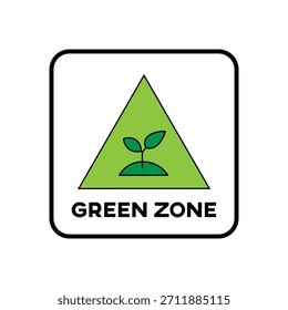 Un triángulo verde con un Pequeño brote de planta en el interior, sobre un fondo cuadrado blanco con esquinas redondeadas y un borde negro. El texto ZONA VERDE está debajo del triángulo.