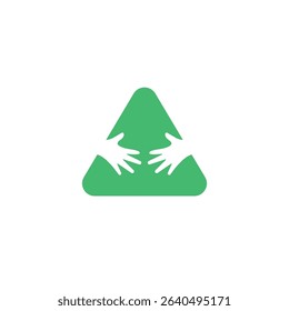 Green triangle with two white hands symbolizing environmental care.