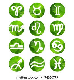 Green triangle vector zodiac signs. Polygon horoscope icons