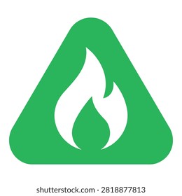 A green triangle with a white flame inside, symbolizing fire safety and warning