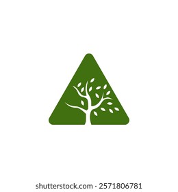 A green triangle with a white silhouette of a tree inside it, symbolizing nature or environmental themes