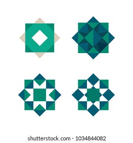 Green triangles and squares shape. Abstract geometrical tile, vector logo template. Arabic pattern element. 