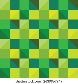Green triangles and squares tile grid pattern. Seamless flat design. Varying of green colour in different tones. Birthday wrapping paper, backdrop, and website backgrounds. Packaging styles. EPS 10.