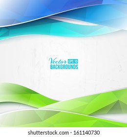 Green triangles and waves on white background. Vector illustration.