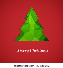 Green triangular christmas tree on red background with merry christmas