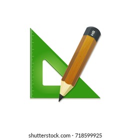 Green triangular ruler and sharp simple pencil school related icons vector illustration isolated on checkered background in realistic design