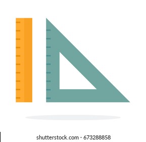 Green Triangular ruler and yellow straight ruler vector flat material design isolated on white