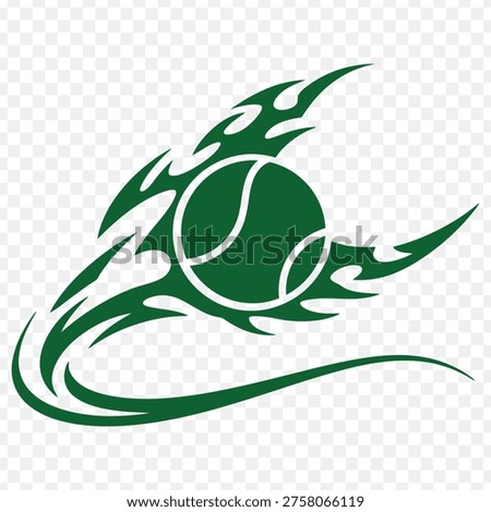 Green tribal flames wrapping around a tennis ball for dynamic sports and athletic themes