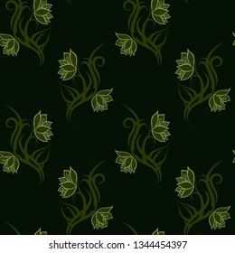 Green tribal Flower seamless pattern on dark green background for fabric print, cloth, textile or wrapping paper. Backdrop vector illustration