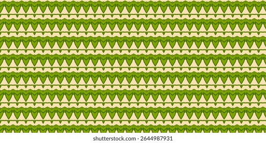 Green tribal pattern with symmetrical chevrons and zigzags on beige background. Earthy, ethnic, and decorative—ideal for textiles or eco-inspired designs.