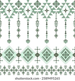 Green tribal vintage seamless pattern. Aztec, Mexican, Navajo, African motifs. Native American ethnic background. Vector texture.