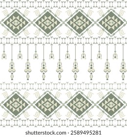 Green tribal vintage seamless pattern. Aztec, Mexican, Navajo, African motifs. Native American ethnic background. Vector texture. Idea for textiles, carpets, and backdrop.