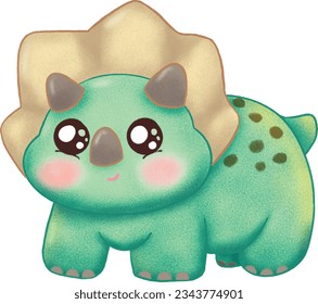 Green Triceratops Illustration in Kawaii Style