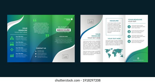 Green trifold brochure design. A4 abstract  corporate brochure template. Creative wave business flyer template.