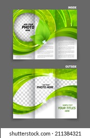 Green tri-fold brochure ecology nature design with leaves