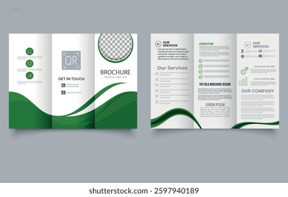 Green Trifold Brochure Template. Flyer for eco-companies. Business Corporate Design.