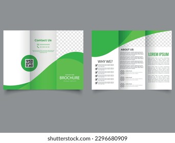 Green trifold brochure with waves. Summer design. Business flyer template with text.