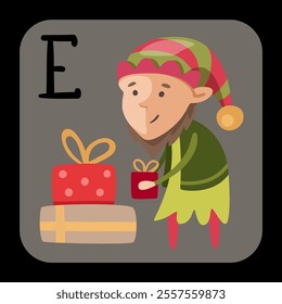 green troll with gifts alphabet letter E vector illustration