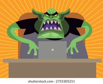 green troll using a computer with internet