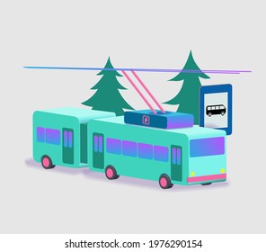 green trolleybus icon on the background of the city and trees